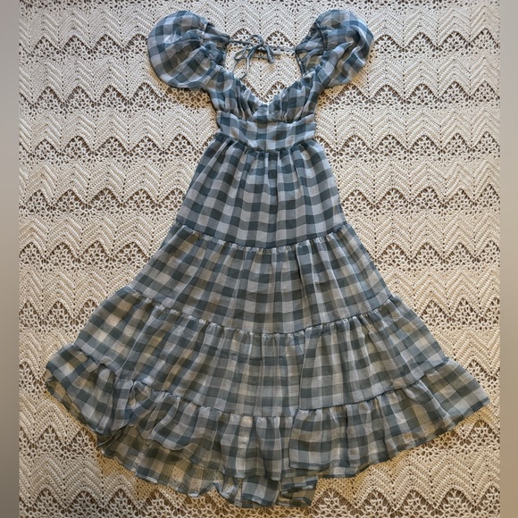 Mable Dresses & Skirts - Mable Blue & White Gingham Open Tie Back Midi Dress Size Large Puff Sleeves